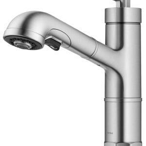 KRAUS Allyn Pull-Out Single Handle Kitchen Faucet in Spot-Free Stainless Steel, KPF-4103SFS & Kitchen Soap and Lotion Dispenser in Spot Free Stainless Steel, KSD-43SFS