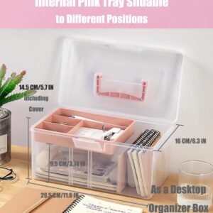 FOREVERIE Clear Plastic Office Supply Art & Craft Storage Box, Sewing Box Organiser Large with a Removable Tray & Adjustable Partition, Portable Travel Makeup Case (Clear & pink)