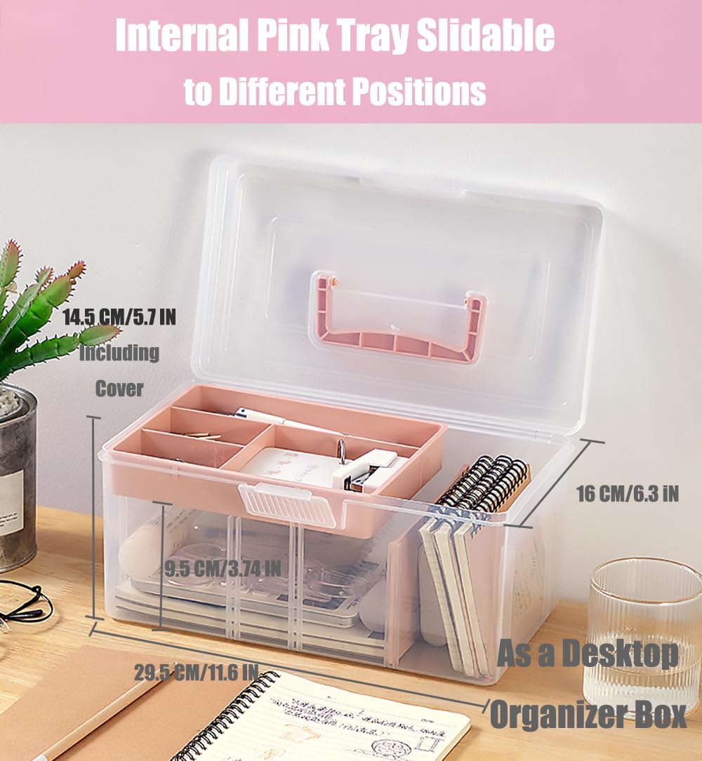 FOREVERIE Clear Plastic Office Supply Art & Craft Storage Box, Sewing Box Organiser Large with a Removable Tray & Adjustable Partition, Portable Travel Makeup Case (Clear & pink)