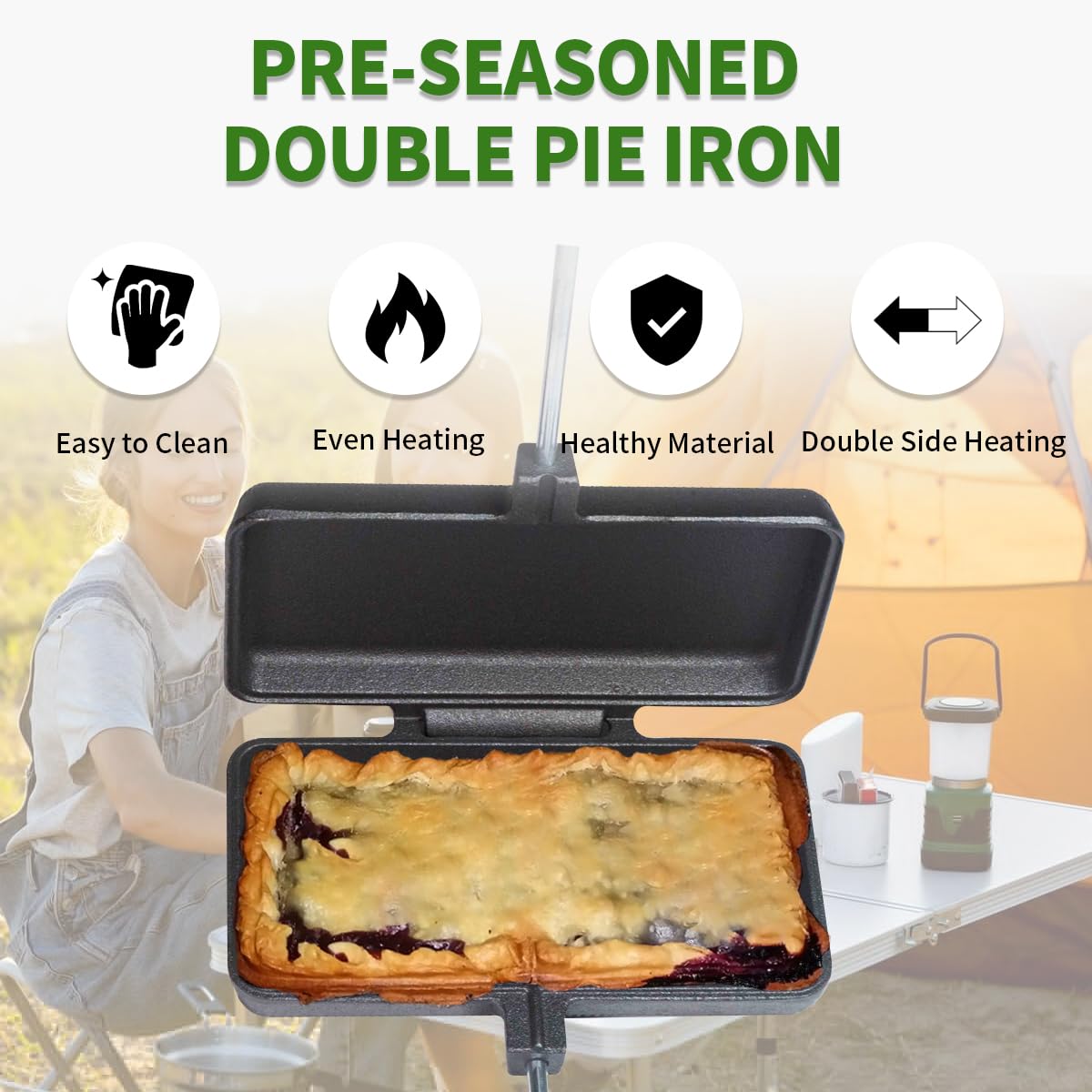 AILITOR Double Pie Iron Sandwich Maker for Camping, Cast Iron Campfire Pie Cooker, Campfire Cooking Equipment Mountain Pie Maker