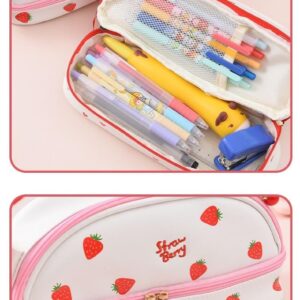 JHTPSLR Large Kawaii Pencil Pouch Cute Preppy Pencil Pouch Bowknot Strawberry Bear Love Hearts Aesthetic Pencil Case PU Waterproof Pen Bags Stationery Storage Organizer Supplies (White Strawberry)