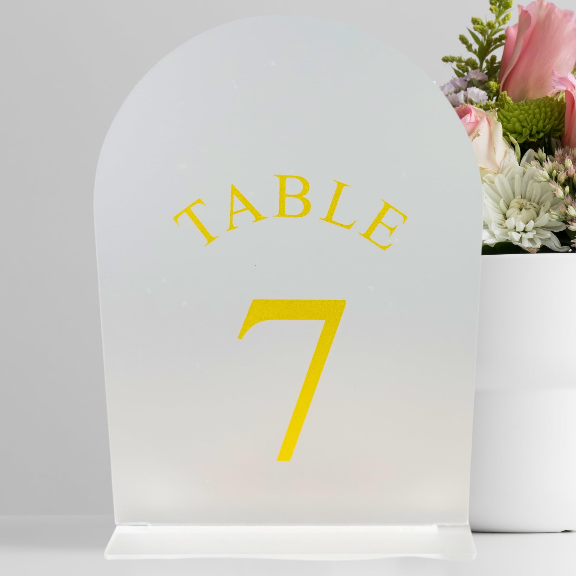 Exclusive Housewares, Frosted Arch Wedding Table Numbers with Stands 1-20, Frosted Gold Font 5x7 Acrylic Signs and Holders, Perfect for Wedding Reception, Anniversary, Party, Decoration, Event