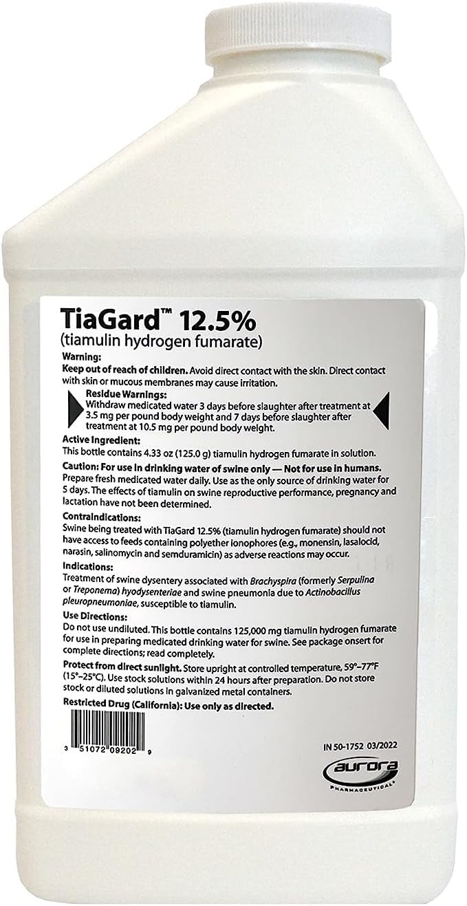 TiaGard Tiamulin 12.5% Liquid Concentrate (1,000 mL) w/ Veterinary Syringe Kit - Generic for Denagard - Antibiotic Drinking Water Solution in Groups, Pens & Herds - Antibiótico Tiamulina para Cerdos