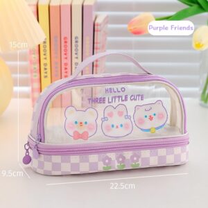 JHTPSLR Large Kawaii Pencil Pouch with Strap Double Layer Pencil Pouch Clear Waterproof Cute Preppy Pencil Case Pen Bags Holder Storage and Organizer (Purple Friends)