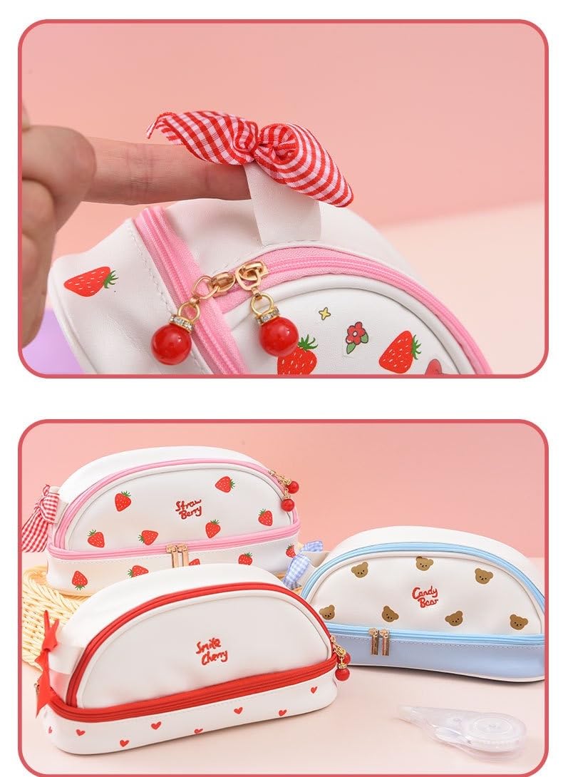 JHTPSLR Large Kawaii Pencil Pouch Cute Preppy Pencil Pouch Bowknot Strawberry Bear Love Hearts Aesthetic Pencil Case PU Waterproof Pen Bags Stationery Storage Organizer Supplies (White Strawberry)