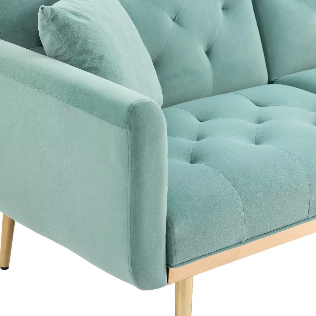 Accent Sofa, Tufted Loveseat Sofa, Convertible Sofa Bed with Two Pillow, Sleeper Sofa Couch with Metal Legs and Adjustable Backrest, Modern Recliner Sofa for Living Room, Bedroom, Offices, Mint Green