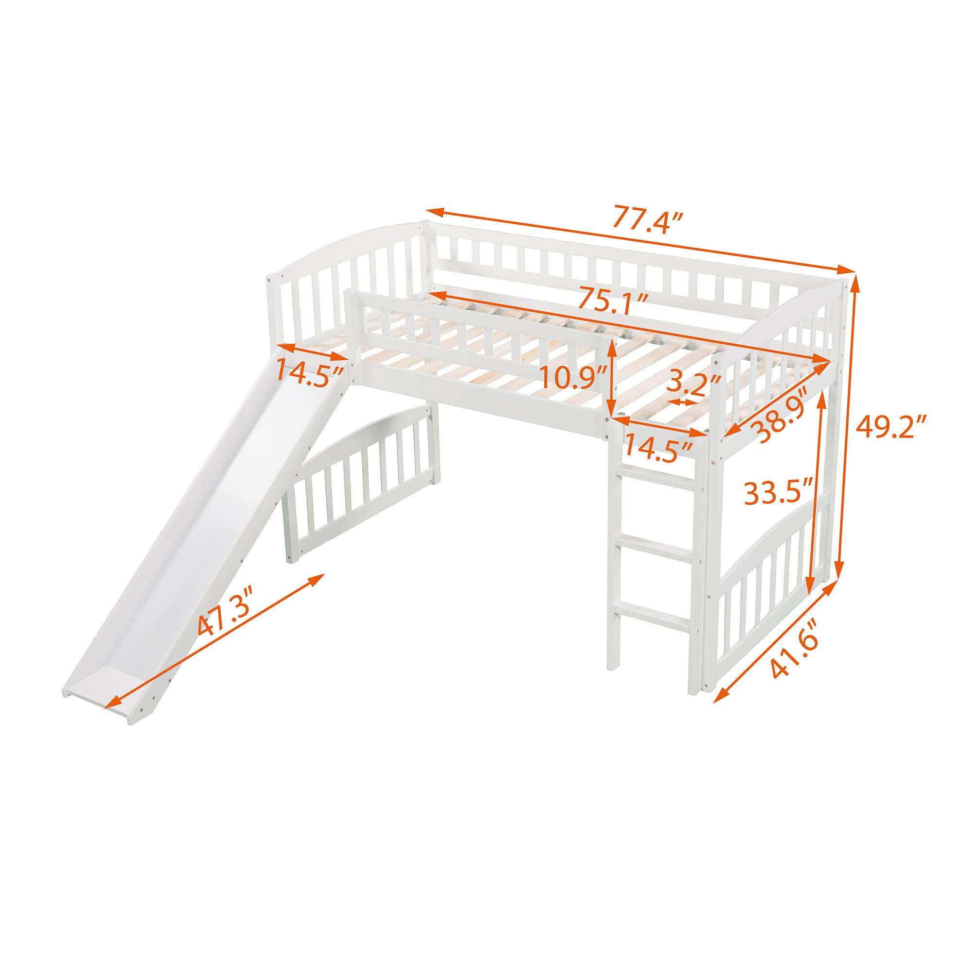 Harper & Bright Designs Twin Size Low Loft Bed with Slide and Ladder, Junior Loft Bed Wood Kids Loft Bed with Slide for Girls Boys,No Box Spring Needed,White