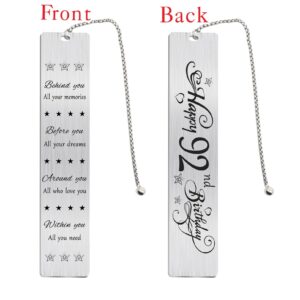 Jzxwan Happy 92nd Birthday Gifts for Women Men, 92 Year Old Birthday Bookmark, Female 92 Yr Old Bday Card Gift Ideas, 1932 Birthday Book Mark for Woman Man, 92nd Birthday Decorations, 92 nd Bd Present