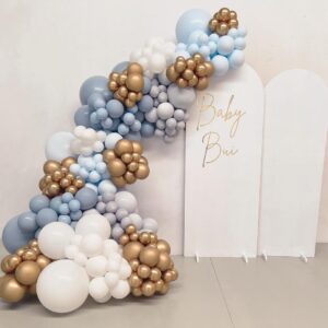 130pcs Dusty Blue Balloons Garland Kit, Fog Blue Royal Blue Pastel Blue Sand White Metallic Gold latex Balloons for Boy Baby Shower Bridal Shower Wedding Anniversary Birthday Party