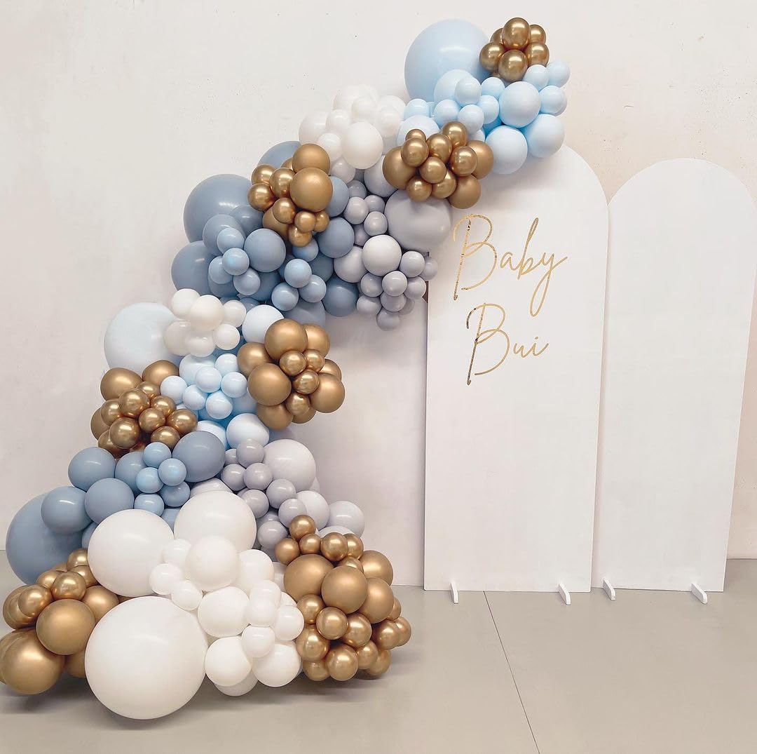 130pcs Dusty Blue Balloons Garland Kit, Fog Blue Royal Blue Pastel Blue Sand White Metallic Gold latex Balloons for Boy Baby Shower Bridal Shower Wedding Anniversary Birthday Party