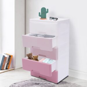 SNKOURIN Plastic Drawers Storage Cart Mobile Cabinet with Casters, 5 Drawer Stackable Vertical Storage Cabinet Drawers Organizer for Clothes/Toys Bedroom Playroom, Pink