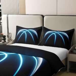 100% Natural Cotton Basketball Comforter Cover for Boy Young Man Sports Game Theme Duvet Cover Full Size Blue Lines Stripes Neon Lines Bedding Set Basketball Court Player Quilt Cover Black 3Pcs