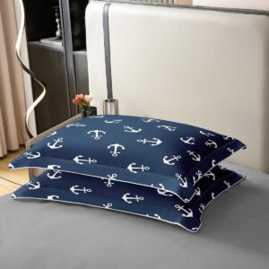 Ocean Adventure Theme 100% Natural Cotton Duvet Cover Set King Size Nautical Anchor Comforter Cover with 2 Pillowcases Fashion Navy Blue Bedding Set for Bedroom Birthday Gifts