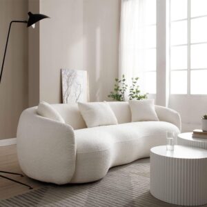 KEVINSPACE Modern Sofa Couch, Curved Sofa Luxury Style Living Room Sofa, Back Upholstered Boucle Couch with 3 Throw Pillows, 3-Seat Teddy Boucle Fabric Couch for Office, Apartment 94" Beige