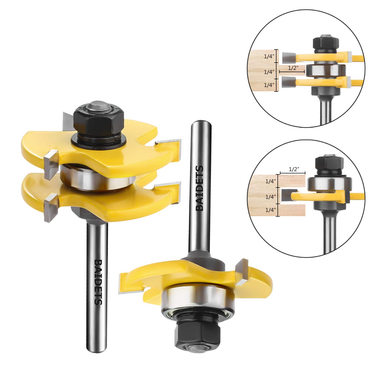 BAIDETS 1/4" Tongue and Groove Router Bits - Set of 2Pcs 1/4 Inch Shank Router Bit Set 3 Teeth Adjustable T Shape Wood Milling Cutter