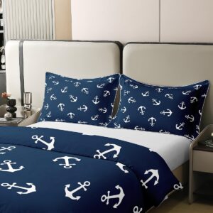 Ocean Adventure Theme 100% Natural Cotton Duvet Cover Set King Size Nautical Anchor Comforter Cover with 2 Pillowcases Fashion Navy Blue Bedding Set for Bedroom Birthday Gifts