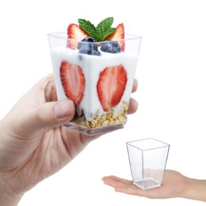 SHOPDAY 5 Oz-Plastic-Dessert-Cups: 30 Pack Square-Clear-Cups-with-Spoons, Parfait-Cups Appetizer-Cups Small-Plastic-Cups Mini Shooter-Cups for Party Yogurt Mousse