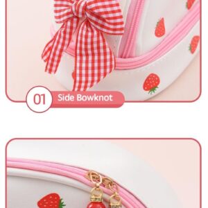 JHTPSLR Large Kawaii Pencil Pouch Cute Preppy Pencil Pouch Bowknot Strawberry Bear Love Hearts Aesthetic Pencil Case PU Waterproof Pen Bags Stationery Storage Organizer Supplies (White Strawberry)