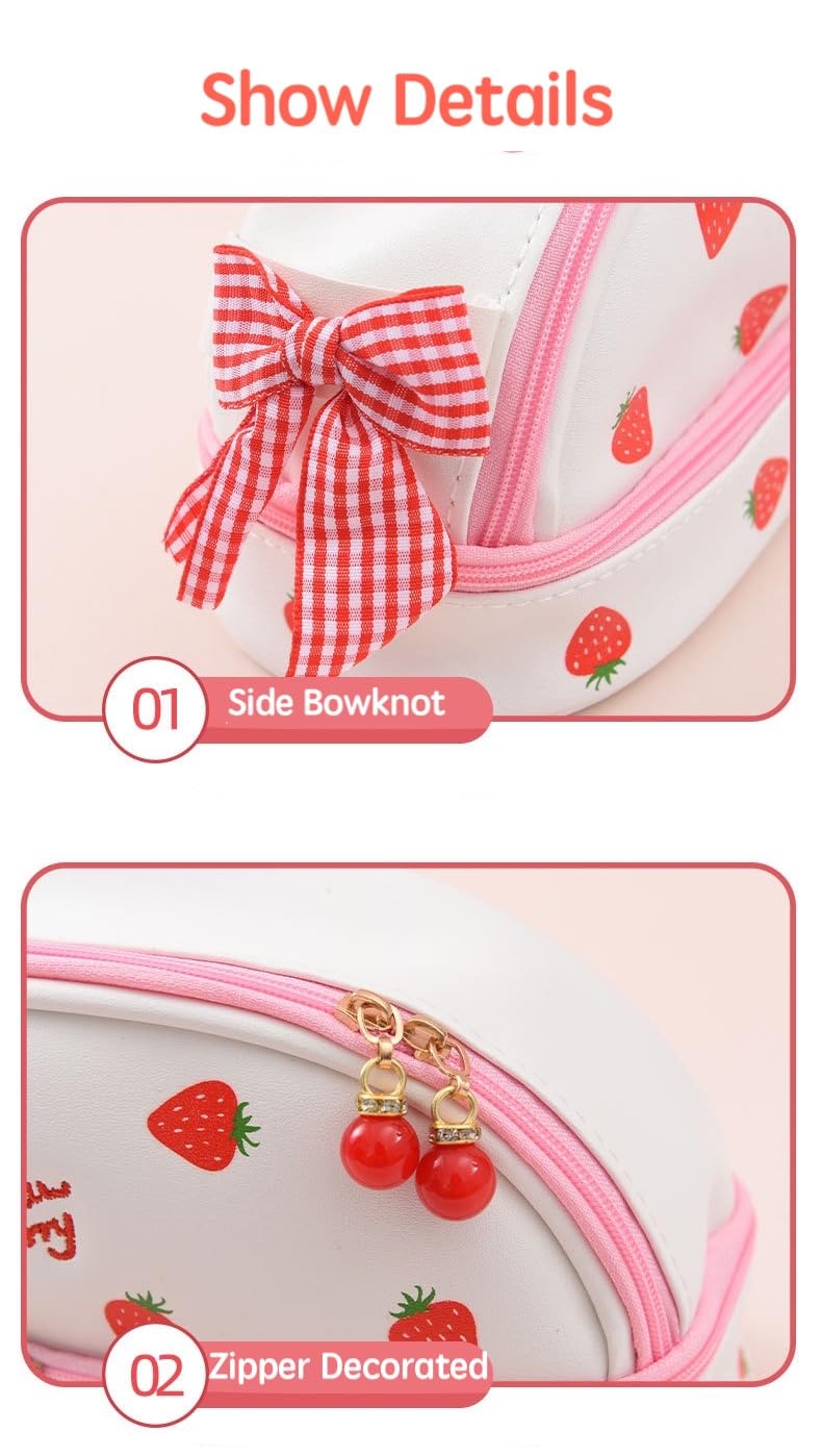 JHTPSLR Large Kawaii Pencil Pouch Cute Preppy Pencil Pouch Bowknot Strawberry Bear Love Hearts Aesthetic Pencil Case PU Waterproof Pen Bags Stationery Storage Organizer Supplies (White Strawberry)