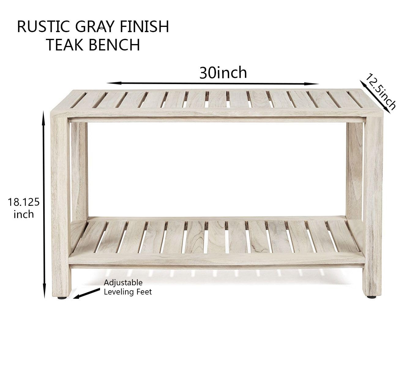 TeakCraft Teak Gray Shower Bench with Shelf 30 Inch for Bathroom, Spa - Fully Assembled, Shower Stool, Rustic Gray Finish The Ricina