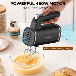 LINKChef Electric Hand Mixer, 450W Handheld Mixer with Whisk, Dough Hook and Storage Base, 5-Speed Turbo Kitchen Mixer Blender for Baking, Cakes, Eggs, Cream, Brownies