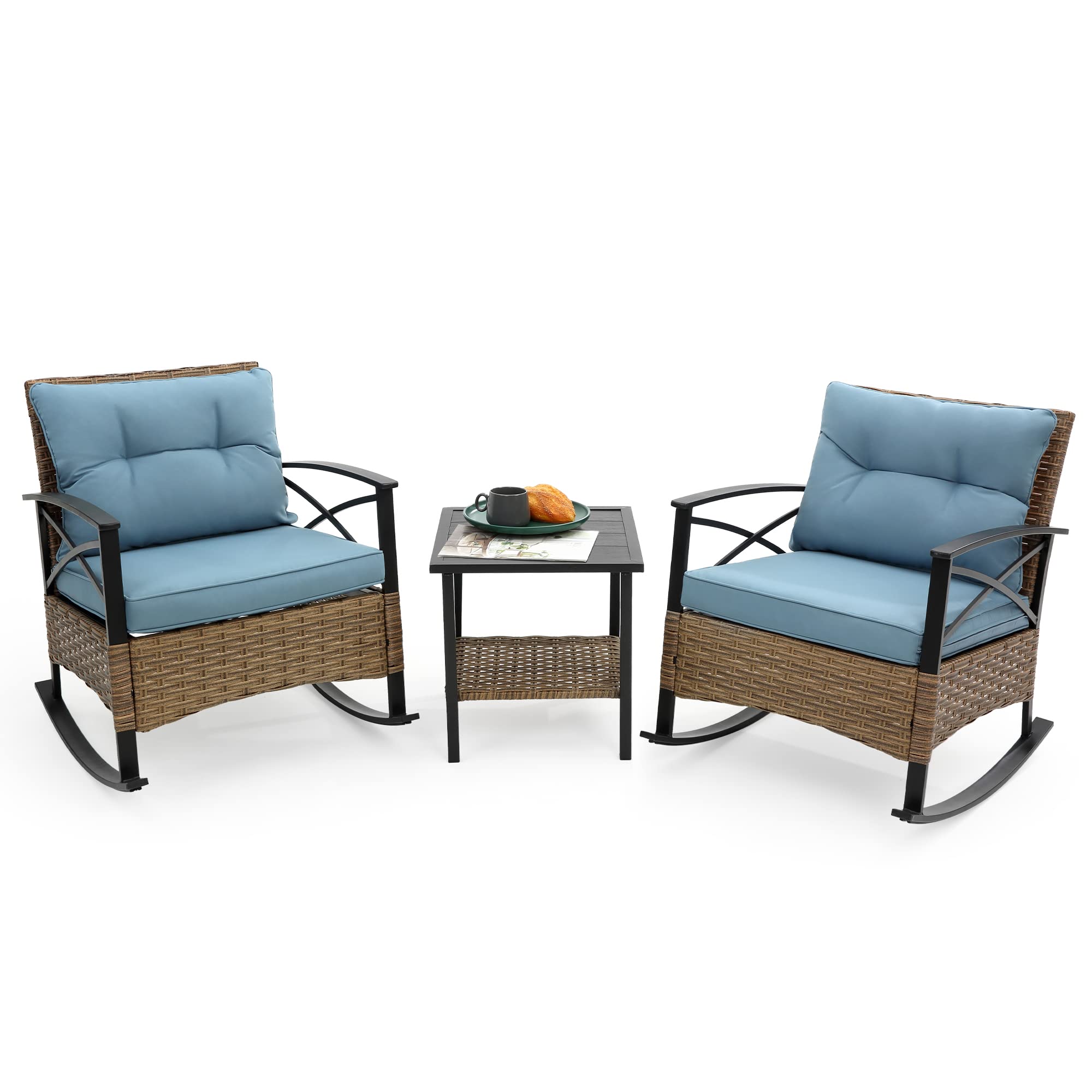 HOMEFUN Outdoor Rocking Chairs Set of 2, 3 Piece Patio Furniture Set with Thick Cushion, Bistro Table and Chairs for Porch Backyard Outside, Blue