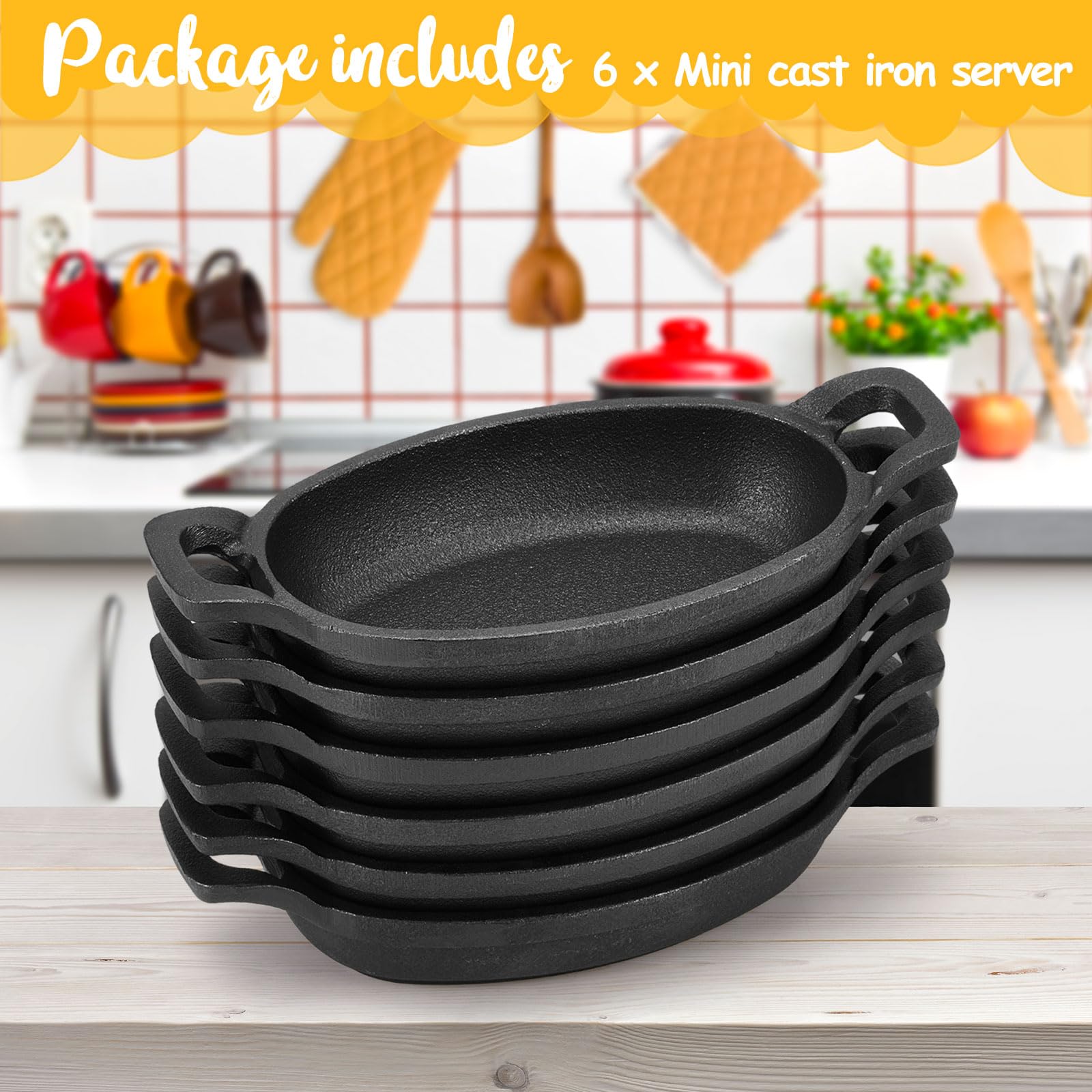 Uiifan 6 Pieces Mini Cast Iron Skillet 6 x 3.8'' Small Oval Skillets Cast Iron Cookware Set 8 oz Single Serve Dish Pans Mini Casserole Dish for Baking Roasting Cooking Grilling Cast Iron Ramekins