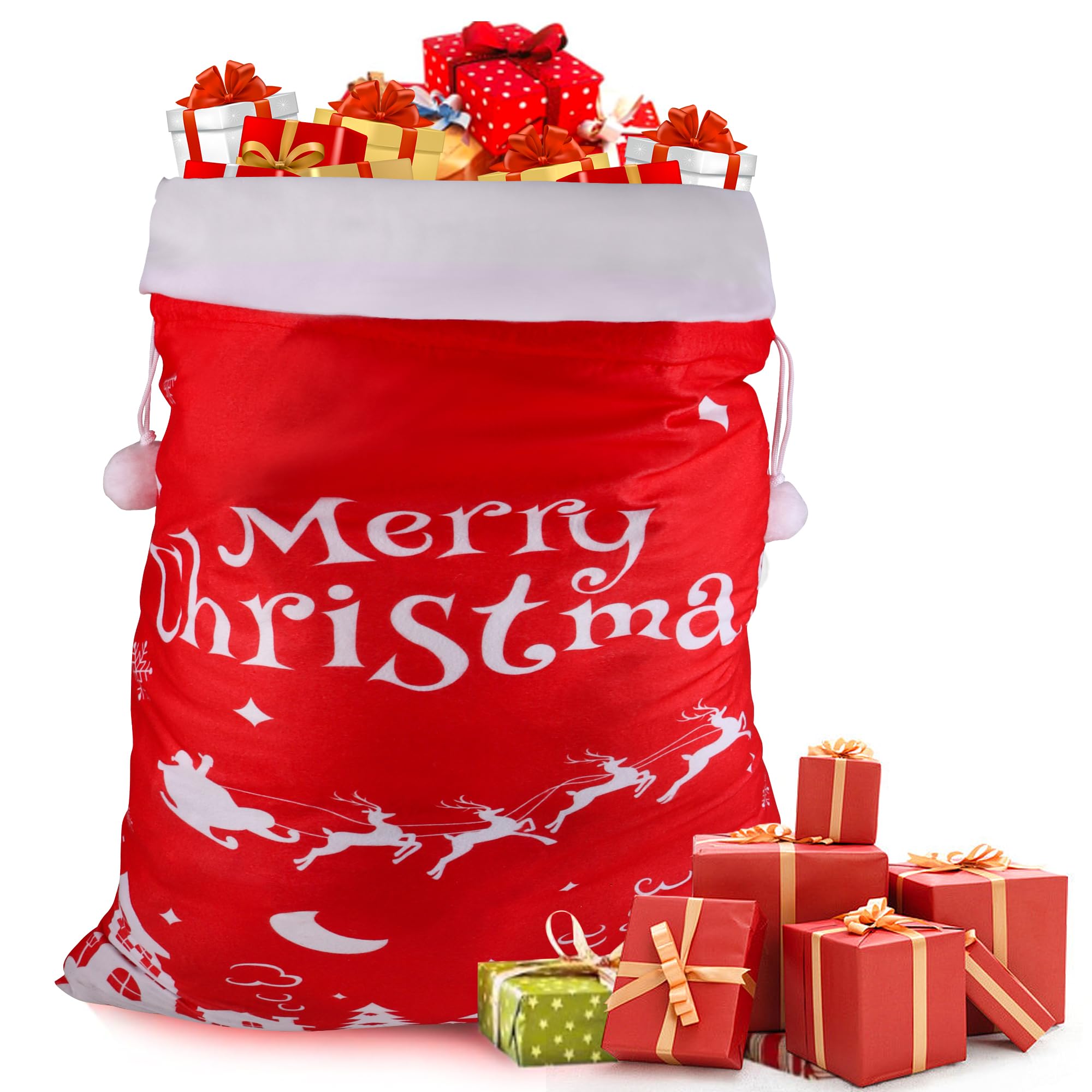 CCINEE Giant Christmas Santa Sack,Oversized Red Velvet Santa Bags Gift Wrap with Cord Drawstring for Christmas Party Supplies Storage Bags Holiday Gifts Decor（43.3 x 27.5 Inch，House Elk）