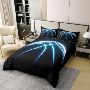 100% Natural Cotton Basketball Comforter Cover for Boy Young Man Sports Game Theme Duvet Cover Full Size Blue Lines Stripes Neon Lines Bedding Set Basketball Court Player Quilt Cover Black 3Pcs