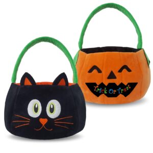 yourbestmemory set of 2pcs, dia 11' halloween plush pumpkin and black cat basket trick or treat bags halloween candy bucket for kids, gift bucket for halloween party favor supplies(pumpkin&cat)