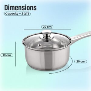 MARBELLA 20 cm Stainless Steel Saucepan with Glass Lid Food Grade Heavy Duty Multipurpose Saucepan for Stew, Simmering, Soup Pot, Induction, Gas and Dishwasher Safe Nickel Free Cookware Silver