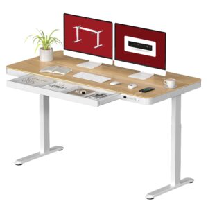 sanodesk standing desk with drawer, electric height adjustable home office desk with storage & usb ports, 55 inch maple wood tabletop/white frame