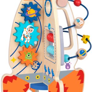 D DAKIN Rocket Toddler Wooden Activity Center Activity Cube Stand for 1 Year Old Boy Toys, Sensory and Educational Great First Birthday Gifts for Boys