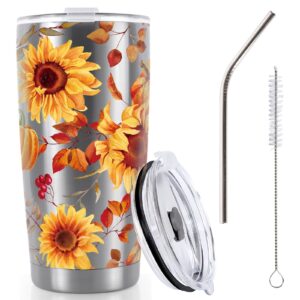 whaline fall watercolor sunflower tumbler stainless steel wine tumbler with straw and cleaning brush autumn thanksgiving coffee mug cup for women girlfriend besties wife lover spouse squash gifts,1pcs