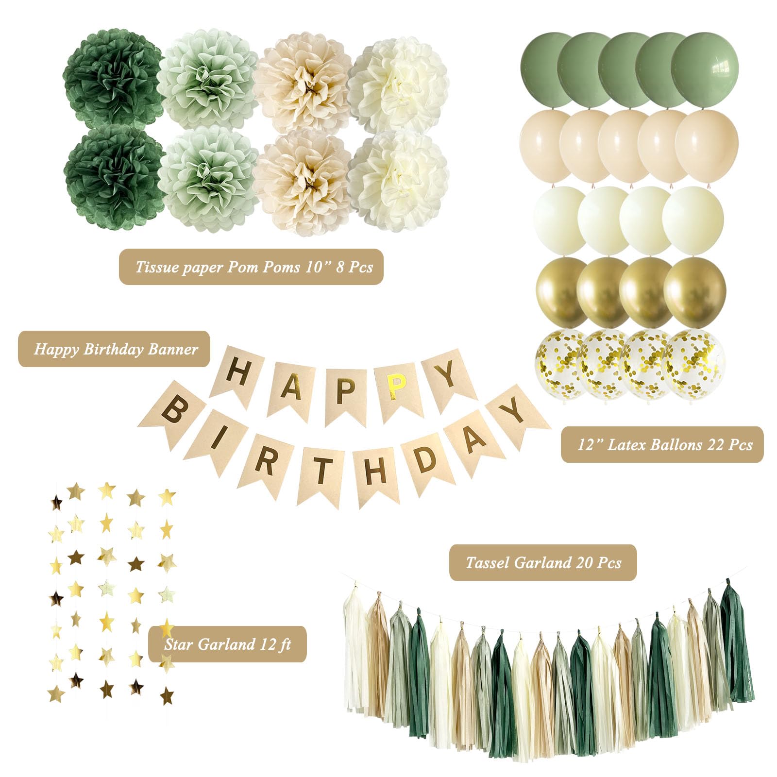 ANSOMO Sage Green Happy Birthday Party Decorations Retro Green Nude Ivory Dark Olive Kraft Paper Banner Balloons Neutral Rustic Boho Blush Safari Botanical Greenery Wild Décor Supplies Women Adults