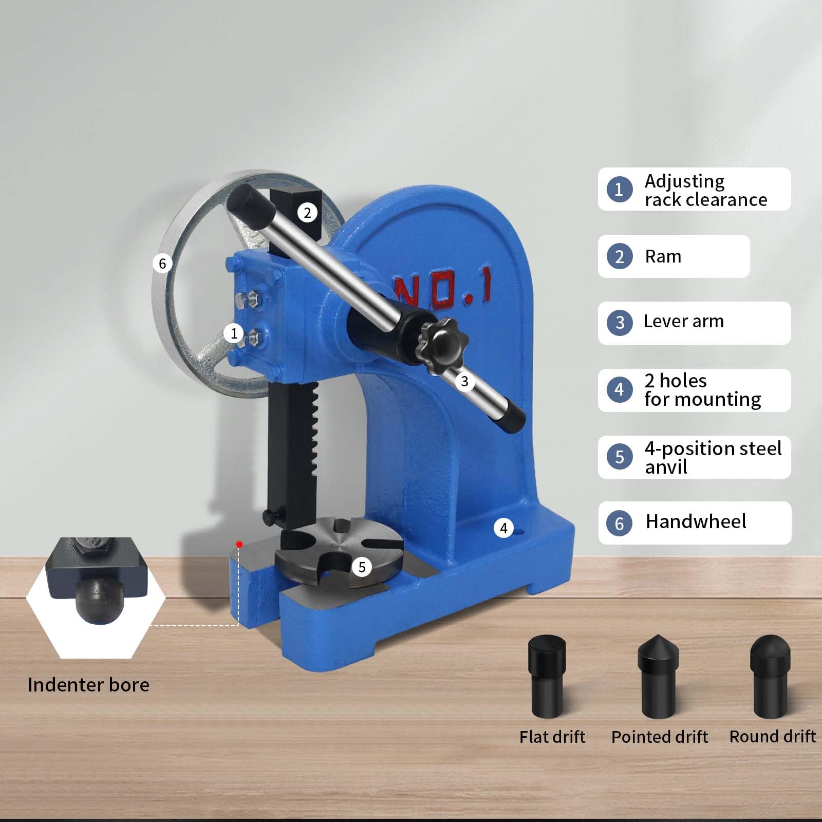 HAowosi Arbor Press 1 Ton,Ratchet Leverage Arbor Press with Handwheel,5.5" Maximum Height Manual Desktop Punch Press Machine Metal Arbor Press Tool,for Stamping