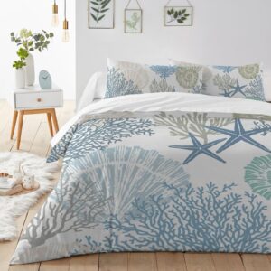 Duvet Cover Set California King Size Nautical Coastal Ocean Coral Comforter Sets 3 Pieces, Beach Themed Blue Teal Bedding Set with Zipper Closure and 2 Pillow Cases, Soft Bed Covers Bedroom Decor