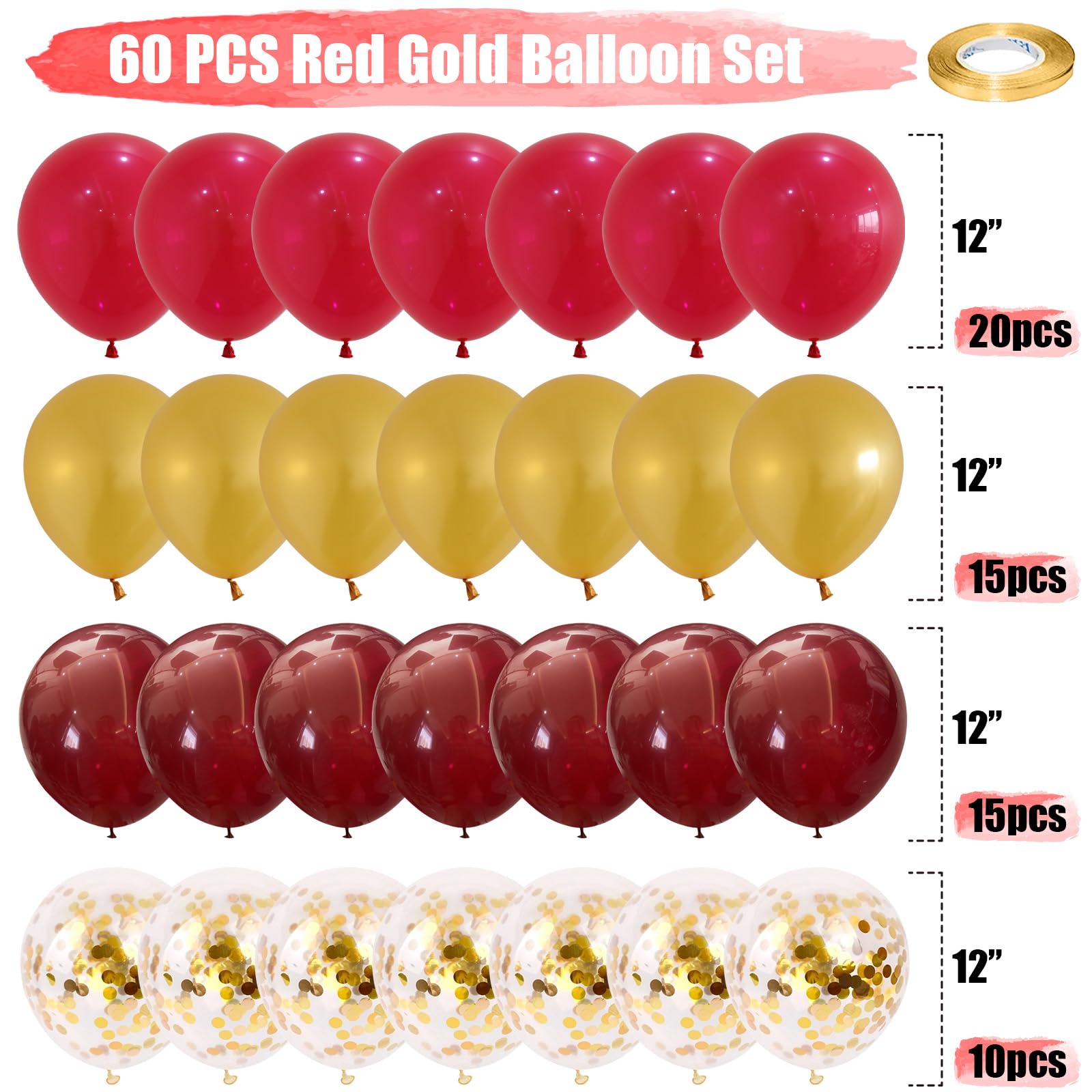 Red and Gold Balloons, Gold and Red Balloons Set with Gold Confetti Metallic Gold Balloons, Globos Rojos Red and Gold Party Decorations for Wedding Bridal Shower Supplies Baby Shower