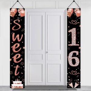 happy 16th birthday decorations door banner for girls, rose gold sweet 16 birthday porch sign party supplies, sweet sixteen year old birthday props decor for outdoor indoor