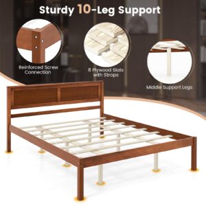 KOMFOTT Queen Size Wood Platform Bed Frame with Headboard, Solid Wood Bed Frame with Slat Support, 10-Leg Support, Under Bed Storage, 16” Mattress Foundation Bedroom Furniture, No Box Spring Needed