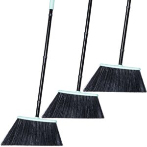 daliper 3 pack heavy duty broom outdoor with long handle 55 inches, commercial 60 degree stiff bristle angled brush for sweeping patio garage outside indoor house deck porch yard home warehouse