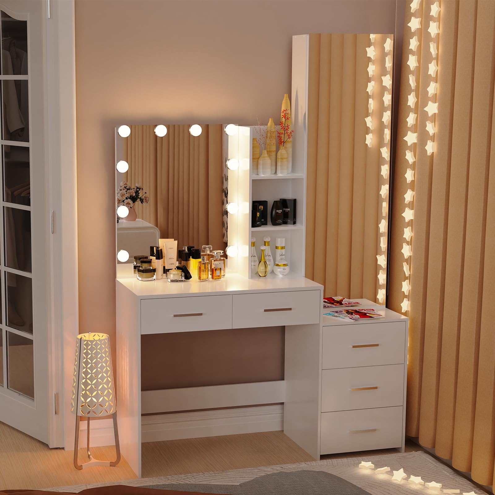 usikey Vanity Desk with Full-Length Mirror and Lights, Makeup Vanity Table with Jewelry Cabinet, 2 Drawers & 2 Shelves,Vanity Desk, Vanity Table for Girls Women, Bedroom, White