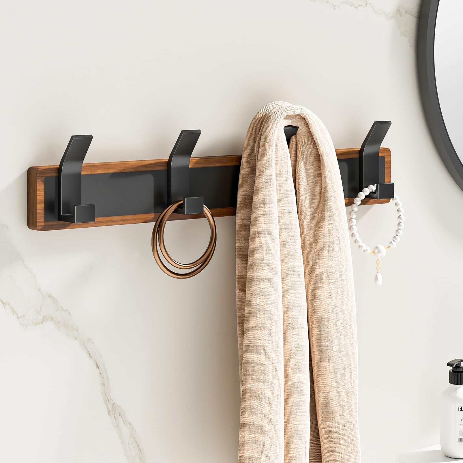 FATASTY Coat Rack Wall Mount-Solid Walnut Wall Coat Rack with 4 Black Aluminum Wall Hooks for Hanging Coats, Backpacks, Bags, Towels. Coat Hooks Wall Mount for Entryway, Bathroom, Bedroom