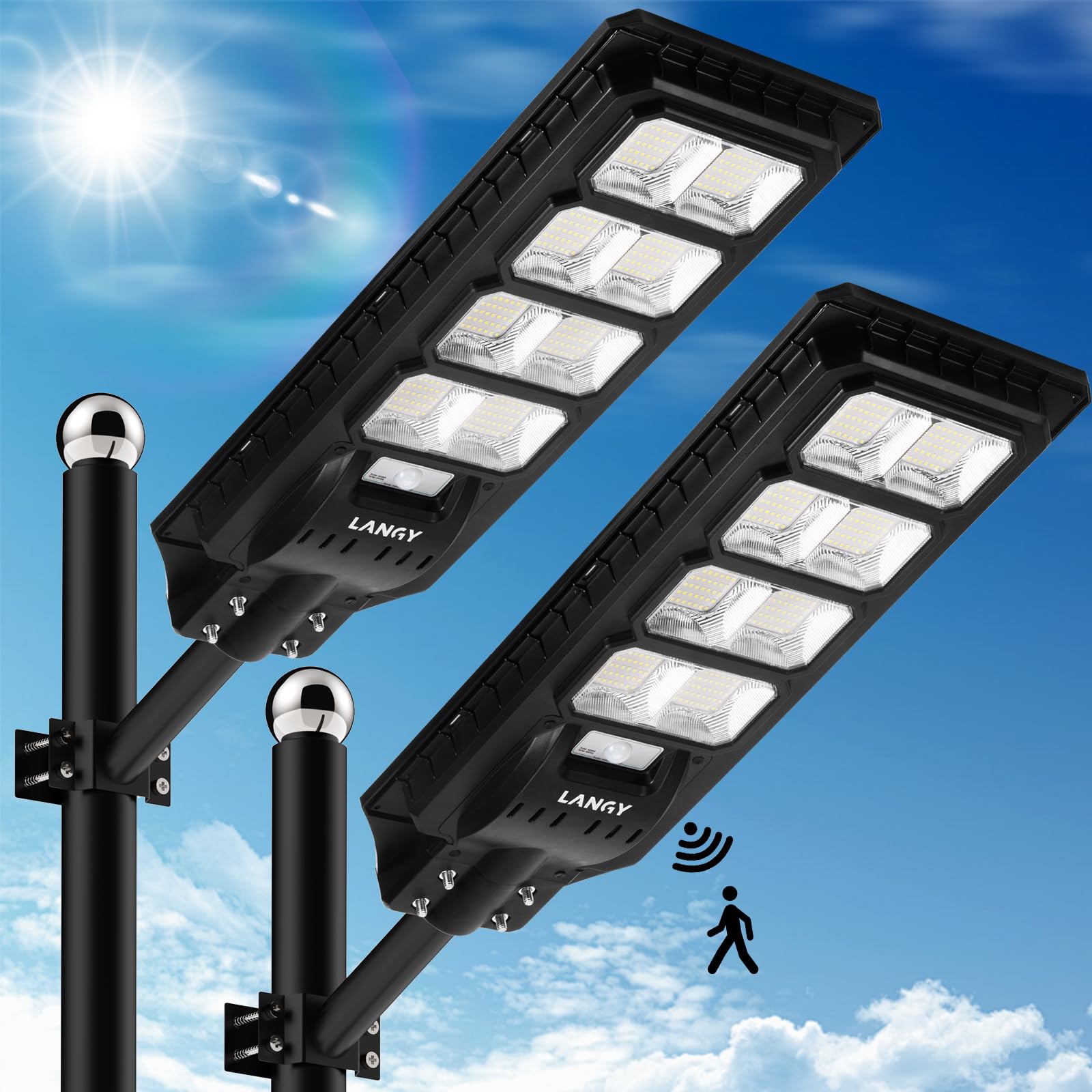 LANGY 2Pack Solar LED Street Lights, Upgrade 200W Solar Street Lights Outdoor Motion Sensor IP67 Waterproof 30000LM with New Controller Solar Flood Security Lights Dusk to Dawn for Parking Lot