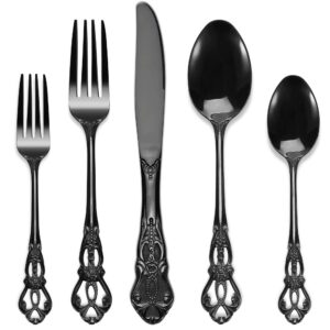 pureain silverware set, 30 pieces retro royal silverware set for 6, anti-rust stainless steel flatware set including fork spoon and knife, dishwasher safe, black