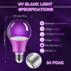 ROCEEI 24 Pack Halloween Black Light Bulbs LED 10W Black E26 Base Black Lights, UVA Level 385-400nm, UV Light Bulb Glow in The Dark for Black Lights Party, Body Paint, Neon Glow, Fluorescent Poster