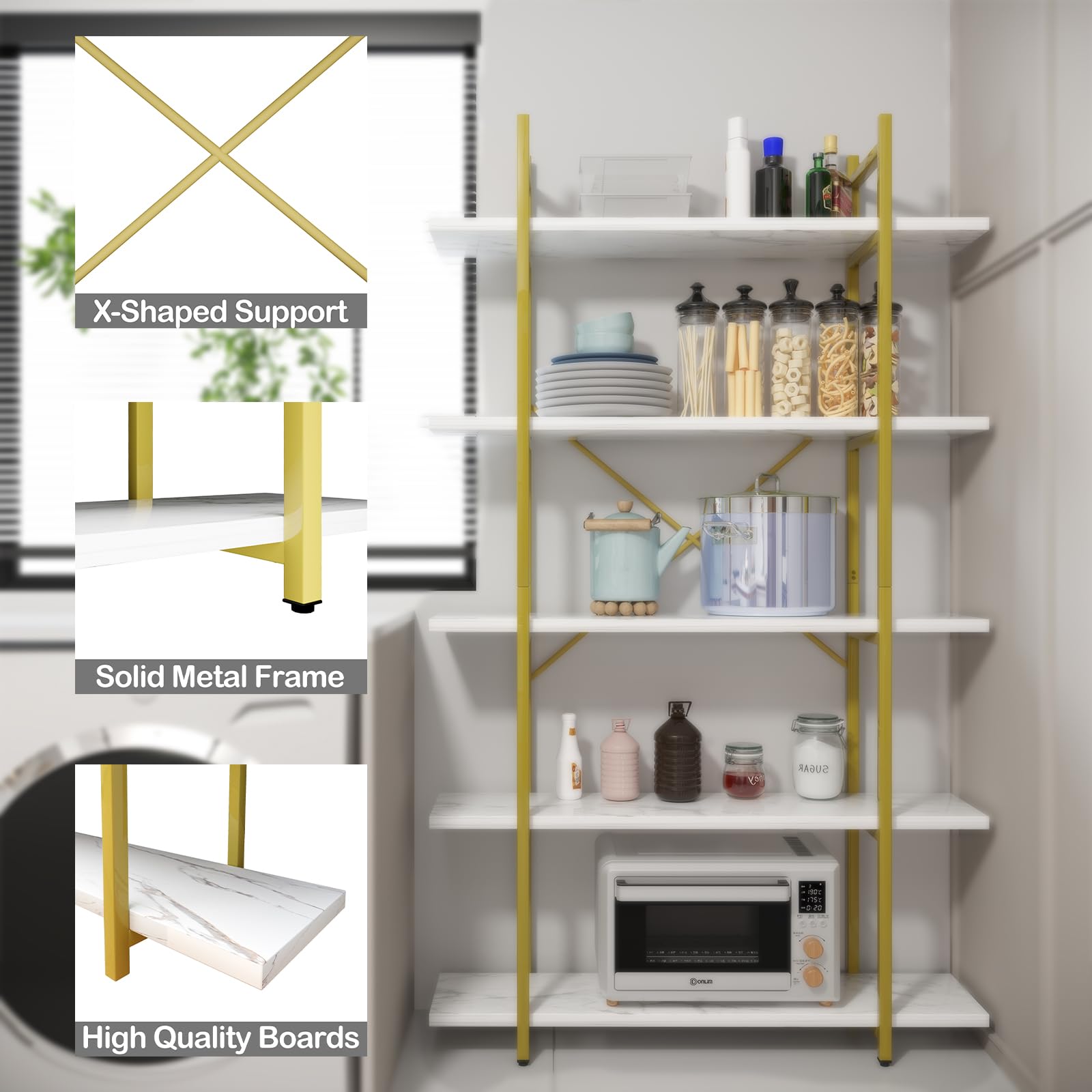 Azheruol 5 Tiers Bookshelf Organizer White Faux Marble Shelf,Modern Open Display Storage Bookcase, and Metal Bookshelf Standing Storage Shelf Tall Shelving Units for Home Office Study