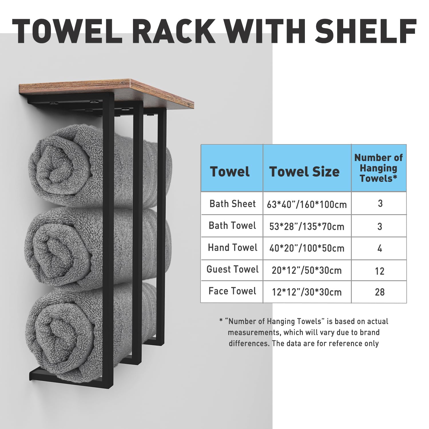 Towel Rack Wall Mounted with Shelf, Beautiful Storage for Small Bathroom, Neat Organizer for Rolled Towels, 3 Sturdy Iron Bars & Holds 25kg Weight