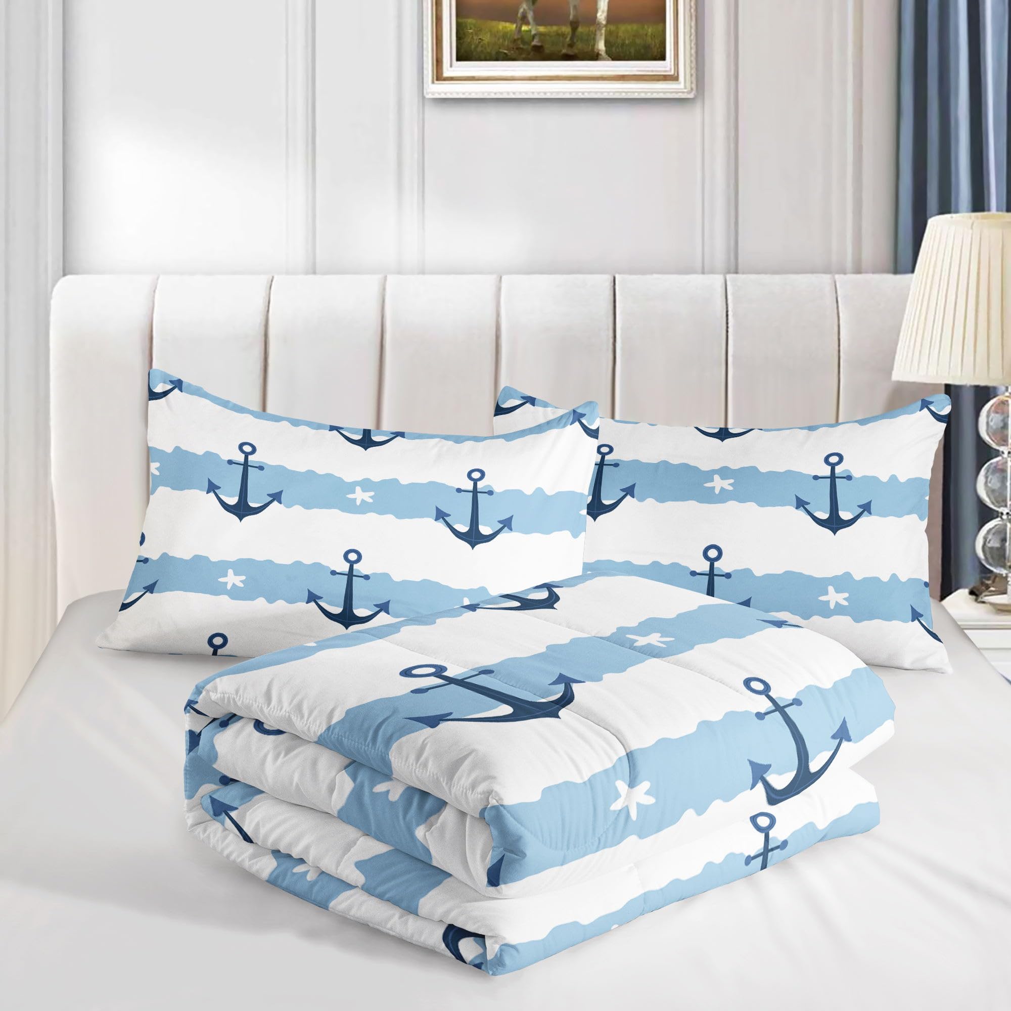 Datura home Anchor Comforter Sets for Boys Girls Kids,Blue White Stripes Starfish Anchor,Duvet 3Pcs in Quilt Sets with 1 Comforter and 2 Pillowcases All Season(Blue White Queen)