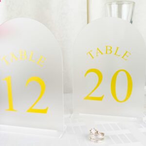 Exclusive Housewares, Frosted Arch Wedding Table Numbers with Stands 1-20, Frosted Gold Font 5x7 Acrylic Signs and Holders, Perfect for Wedding Reception, Anniversary, Party, Decoration, Event